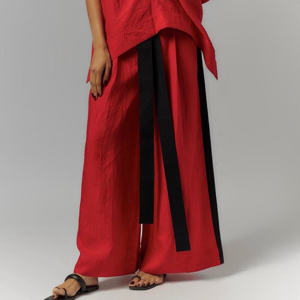 🚨 Red Linen Wide Leg Pants with Black Attached Ribbon Belt, Size: XL